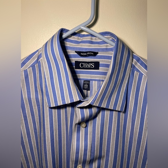 Chaps men’s dress shirt blue white striped classic fit 17 34/35 non-iron - Picture 2 of 5
